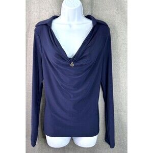 White House Black Market Long Sleeve Dressy Collared Top Women's Size L Navy